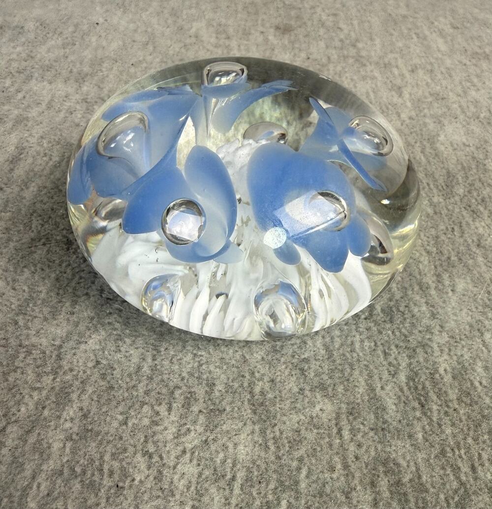 Joe Rice Glass Paperweight Trumpet Blue Floral Controlled Bubble 3" Vintage